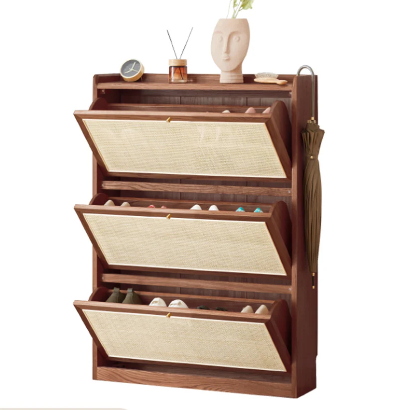 Grapple Cane Teak Wood Shoe Rack Cabinet, with 3 Shelves Space-Saving Shoe Storage Organizer for Entryway & Hallway - Image 2