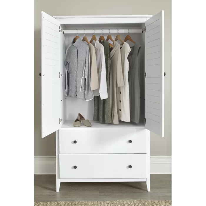 Greenport Teak Wood Multipurpose Storage Wardrobes & Dressers for Elegant Bedroom Storage Solution with 2 Drawers and 2 Doors (Brushed White) - Image 2