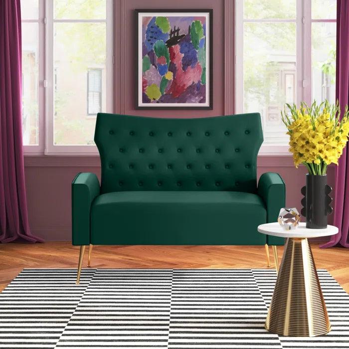 Natural Art & Craft Wooden Square Arm Loveseat Wing Back Chair Set 2+1+1 with Metal Legs ( Green ) - Image 2