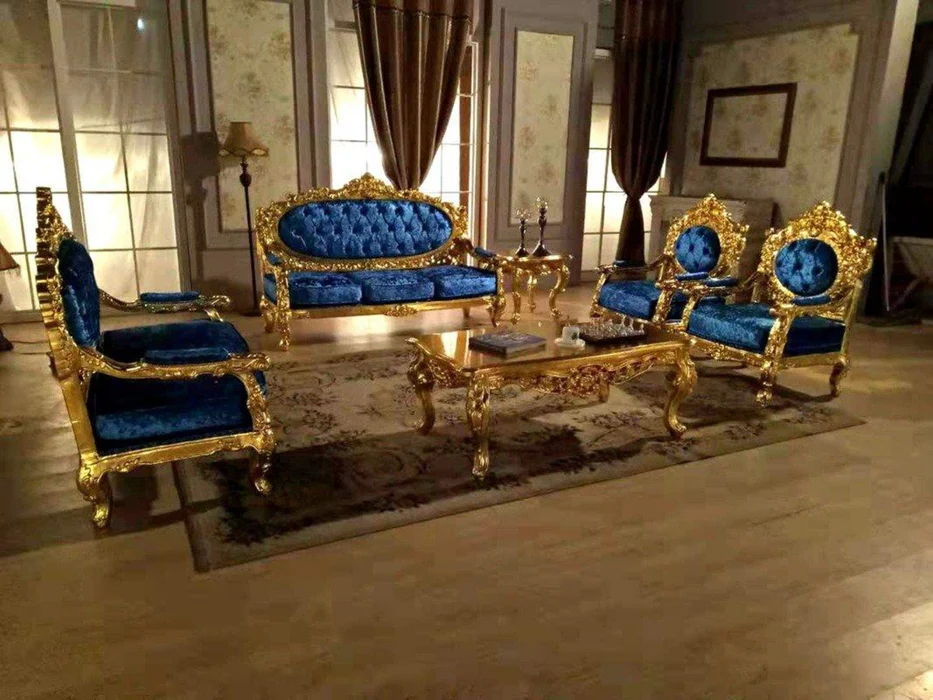 Royal Antique Gold Hand Carved Teak Wood 3+2+1+1 with Center Table 7 Seater Sofa Set ( Blue ) - Image 3