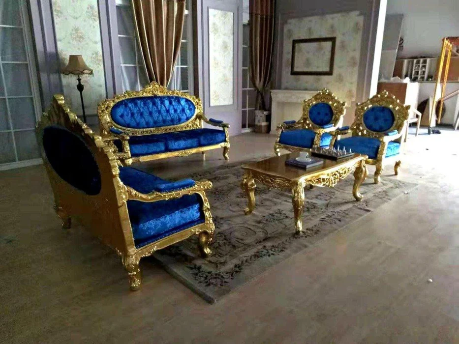Royal Antique Gold Hand Carved Teak Wood 3+2+1+1 with Center Table 7 Seater Sofa Set ( Blue ) - Image 2