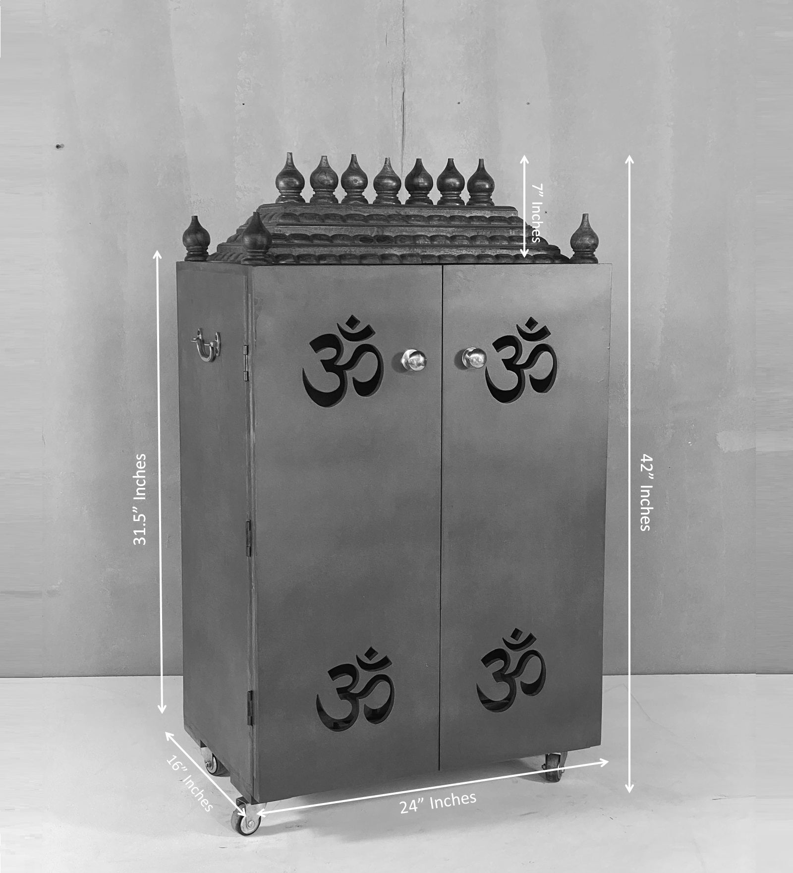 Gopuram Traditional Handmade Wooden Pooja Temple with Wheels for Daily Prayers (Honey Finish) - Image 5