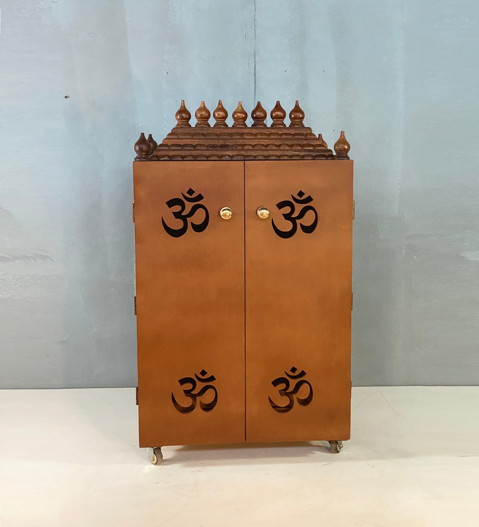 Gopuram Traditional Handmade Wooden Pooja Temple with Wheels for Daily Prayers (Honey Finish)