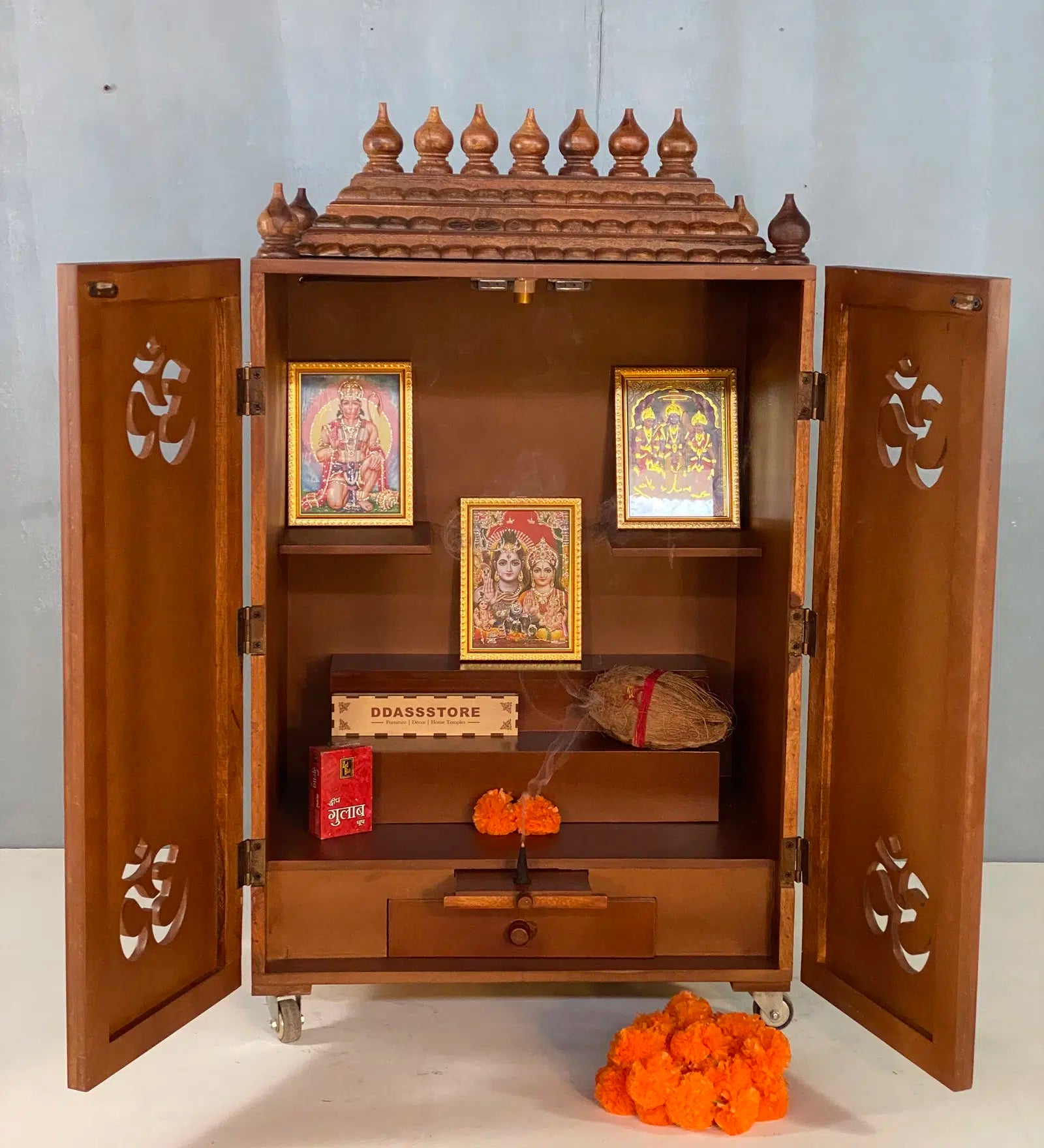 Gopuram Traditional Handmade Wooden Pooja Temple with Wheels for Daily Prayers (Honey Finish) - Image 2