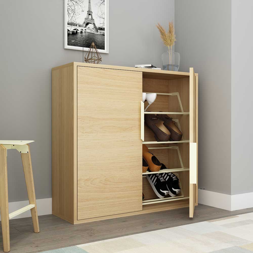 Natural Art & Crafts Rnno Engineered Wood Shoe Rack, with 2 Doors Space-Saving Shoe Storage Organizer for Entryway & Hallway