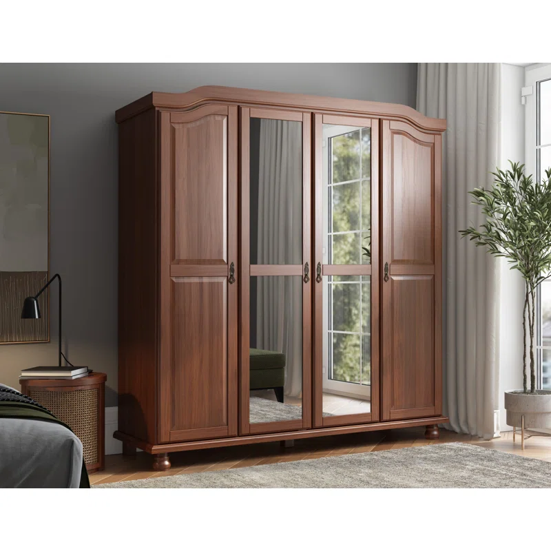 Mocha Teak Wood Multipurpose Storage Wardrobes & Dressers for Elegant Bedroom Storage Solution 4 Doors with Mirror
