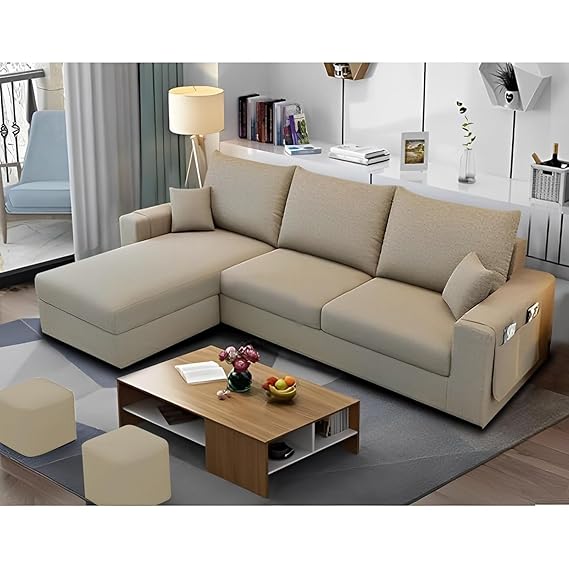 4 Seater L Shape Sofa Set for Living Room (Cream Fabric) Premium Velvet Fabric (Teak Wood )