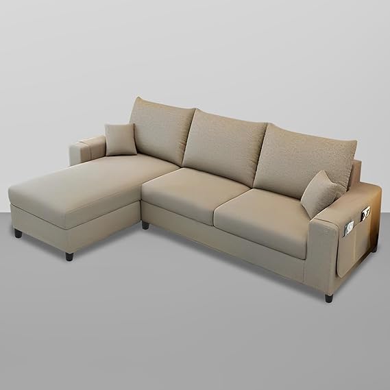 4 Seater L Shape Sofa Set for Living Room (Cream Fabric) Premium Velvet Fabric (Teak Wood ) - Image 3