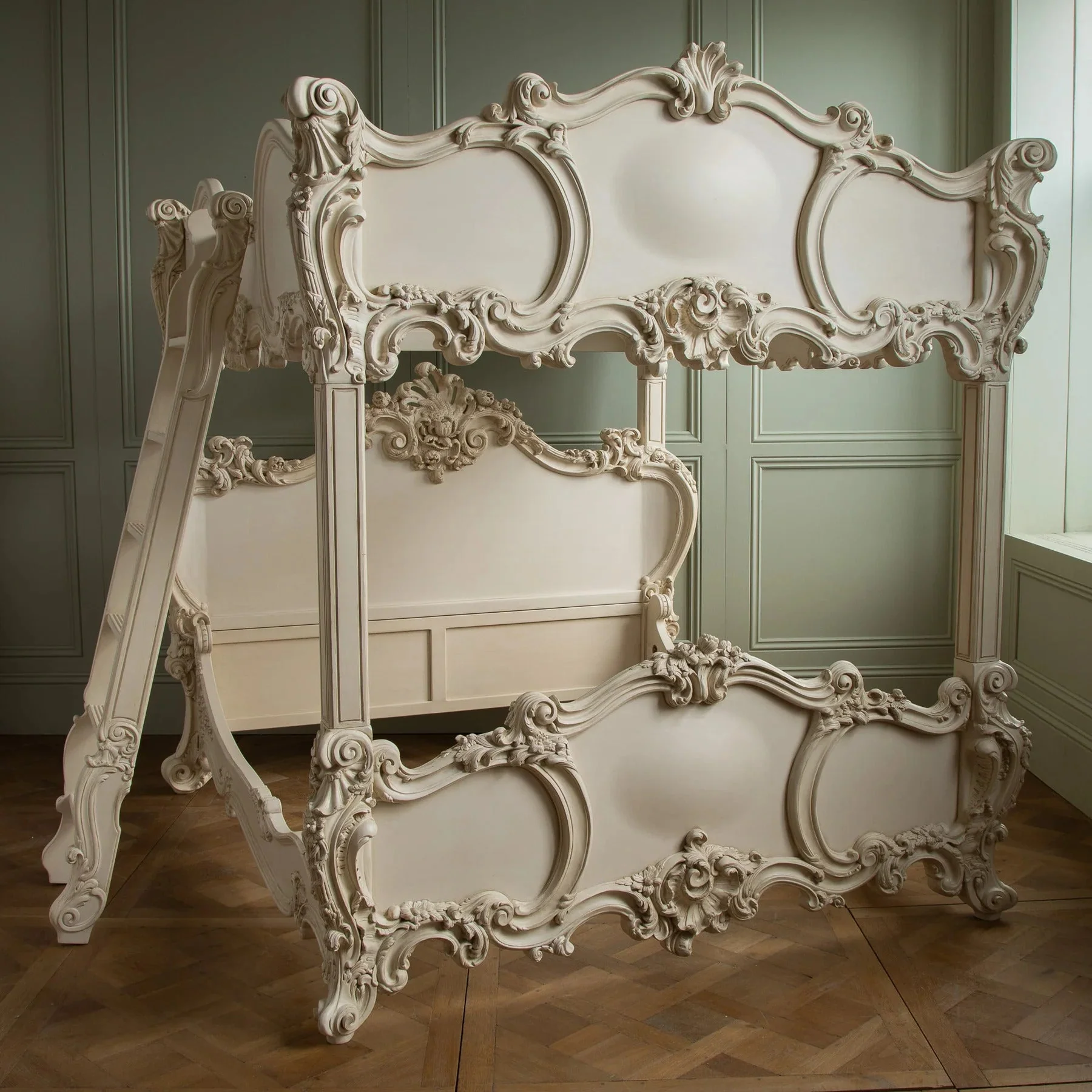 Floral Royal Hand Carved Teak Wood Poster Bunk Bed Elegant Traditional Design, Ornate Carvings for Luxury Bedroom Decor