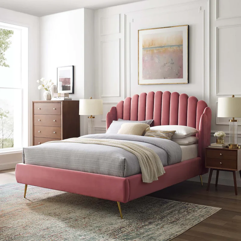 Harvey Scalloped Teak Wood Wingback Upholstery King Size Bed for Modern Bedroom ( Pink )