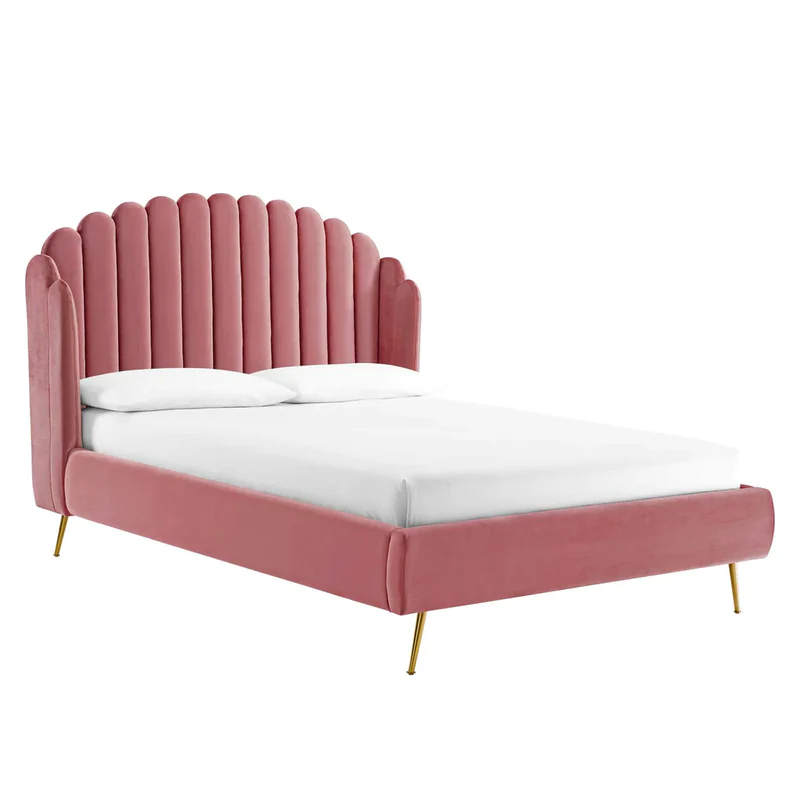 Harvey Scalloped Teak Wood Wingback Upholstery King Size Bed for Modern Bedroom ( Pink ) - Image 2