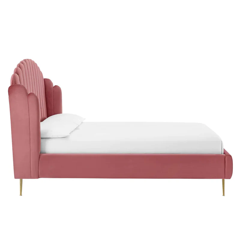 Harvey Scalloped Teak Wood Wingback Upholstery King Size Bed for Modern Bedroom ( Pink ) - Image 3