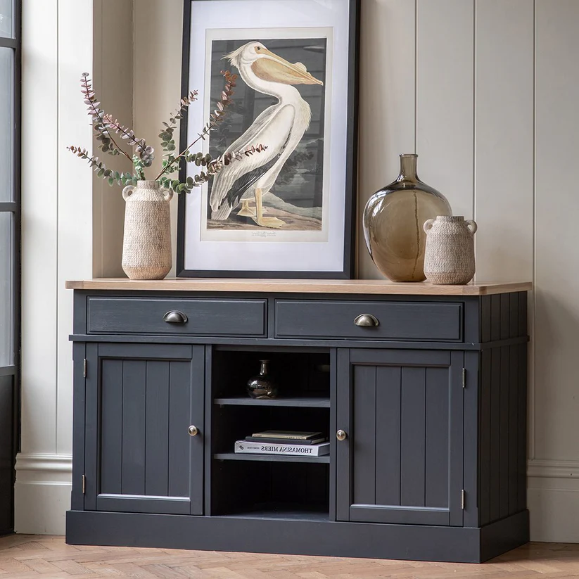 Marco Solid Wood Sheesham Wood 2 Door Sideboard Cabinet (Midnight Blue & Natural Top)