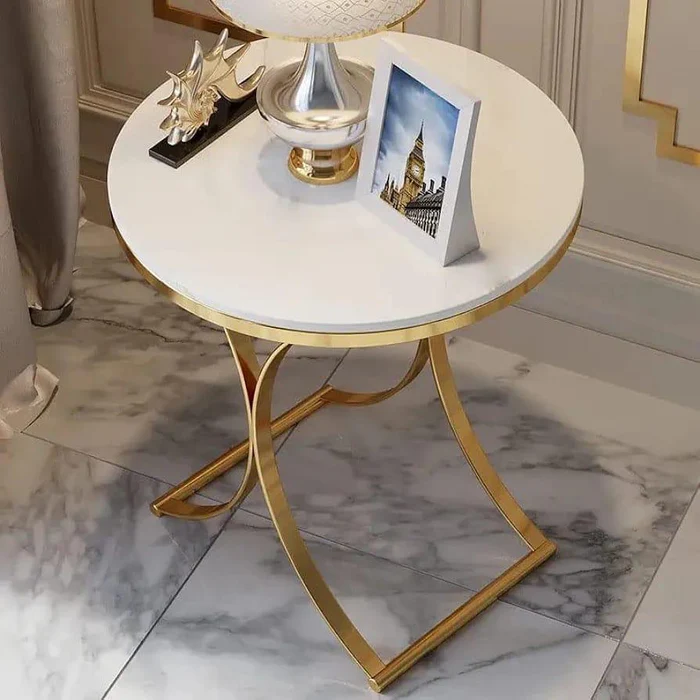 Radiance Round Side End Table with Marble Like Finish Top (Golden) - Image 3