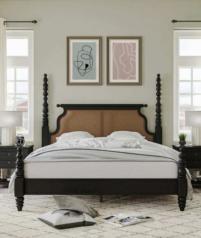 Olympus Royal Handmade Teak Wood Poster Bed with 2 Elegant Bedside Tables ( Walnut Finish )