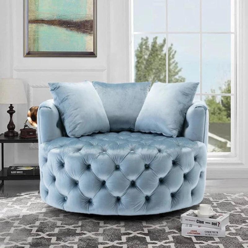 Barrel Button Tufted Design Modern Round Sofa For Living Room with 3 Pillows ( Baby Blue ) - Image 4