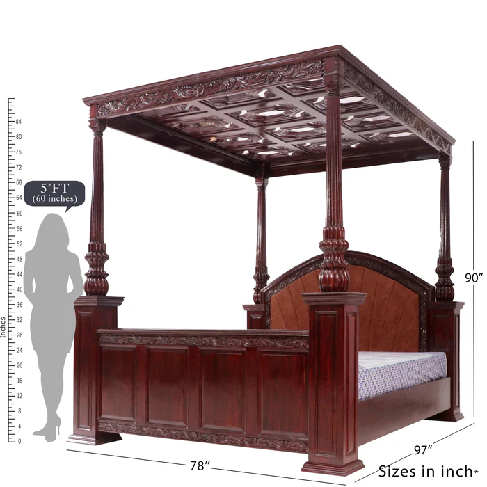 Classic Majestic Traditional Royal Hand Carved Teak Wood Poster Bed Elegant Vintage Carved Bed Frame for Luxury Bedroom - Image 5