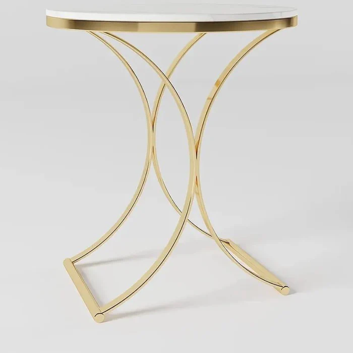 Radiance Round Side End Table with Marble Like Finish Top (Golden) - Image 4