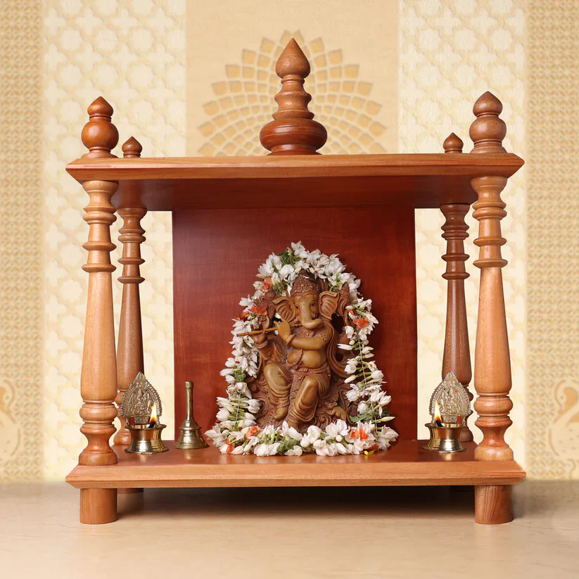 Spacious Traditional Handmade Wooden Pooja Temple for Daily Prayers (Provincial Finish Teak)