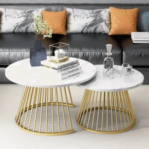 Ornate Circular Design Round Coffee Table Set of 2 with Marble Top-Like Finish for Modern & Elegant Living Room