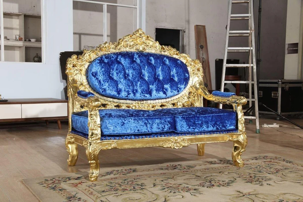 Royal Antique Gold Hand Carved Teak Wood 3+2+1+1 with Center Table 7 Seater Sofa Set ( Blue ) - Image 4