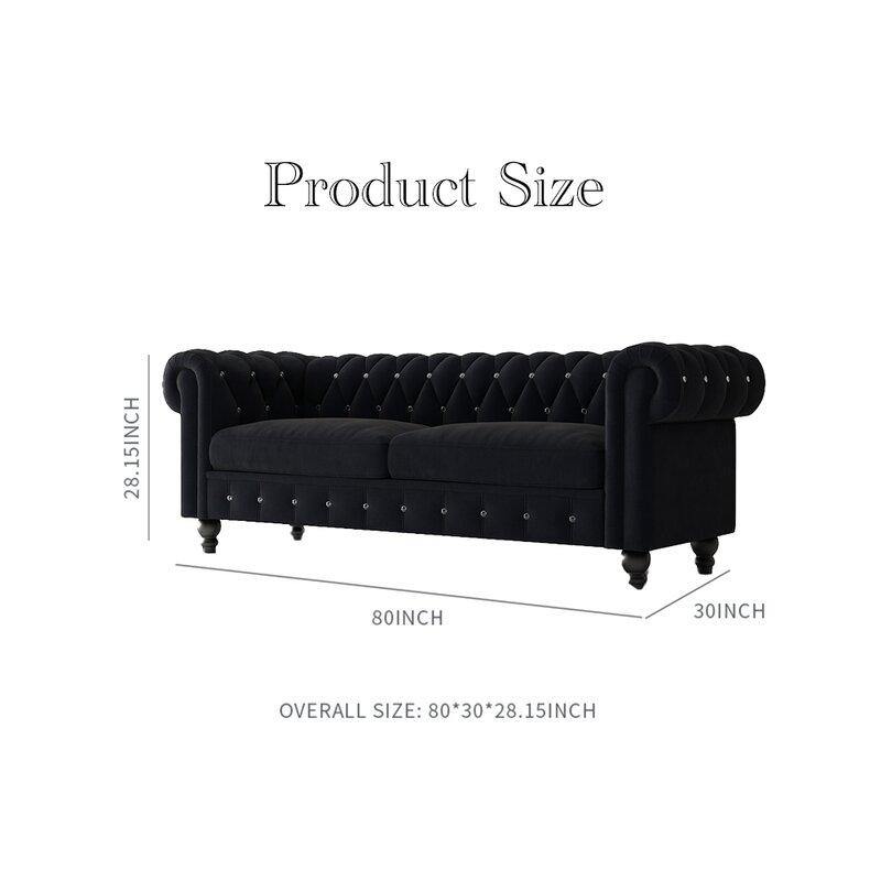 Graceful 3-Seater Velvet Fabric Button Tufted Rolled Arm Chesterfield Sofa ( Black ) - Image 7