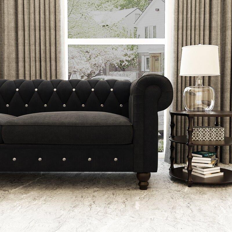 Graceful 3-Seater Velvet Fabric Button Tufted Rolled Arm Chesterfield Sofa ( Black ) - Image 4