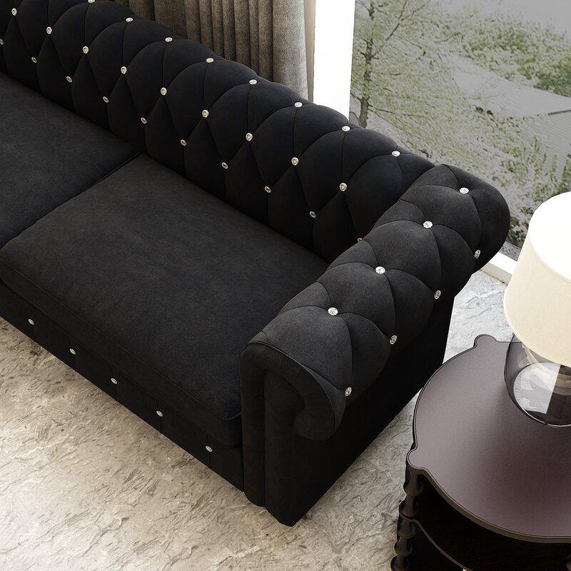 Graceful 3-Seater Velvet Fabric Button Tufted Rolled Arm Chesterfield Sofa ( Black ) - Image 5