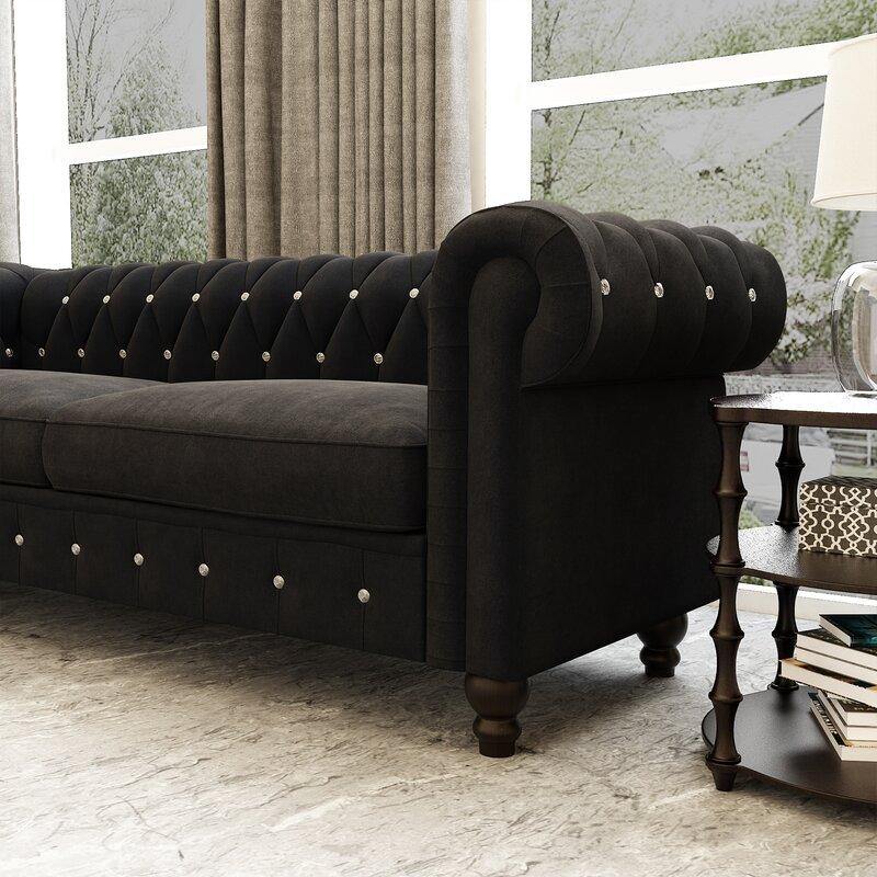 Graceful 3-Seater Velvet Fabric Button Tufted Rolled Arm Chesterfield Sofa ( Black ) - Image 6