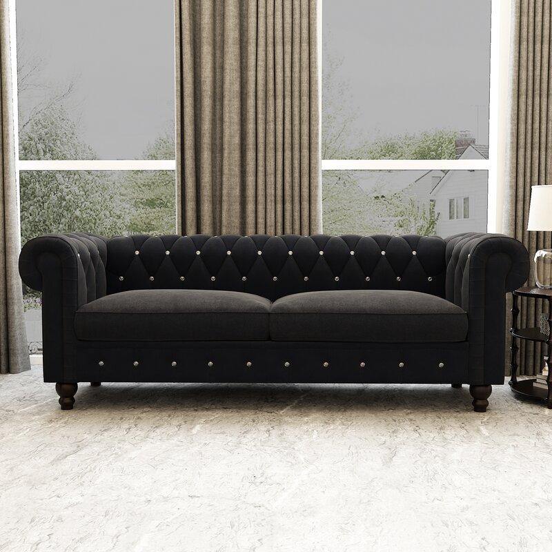 Graceful 3-Seater Velvet Fabric Button Tufted Rolled Arm Chesterfield Sofa ( Black ) - Image 3