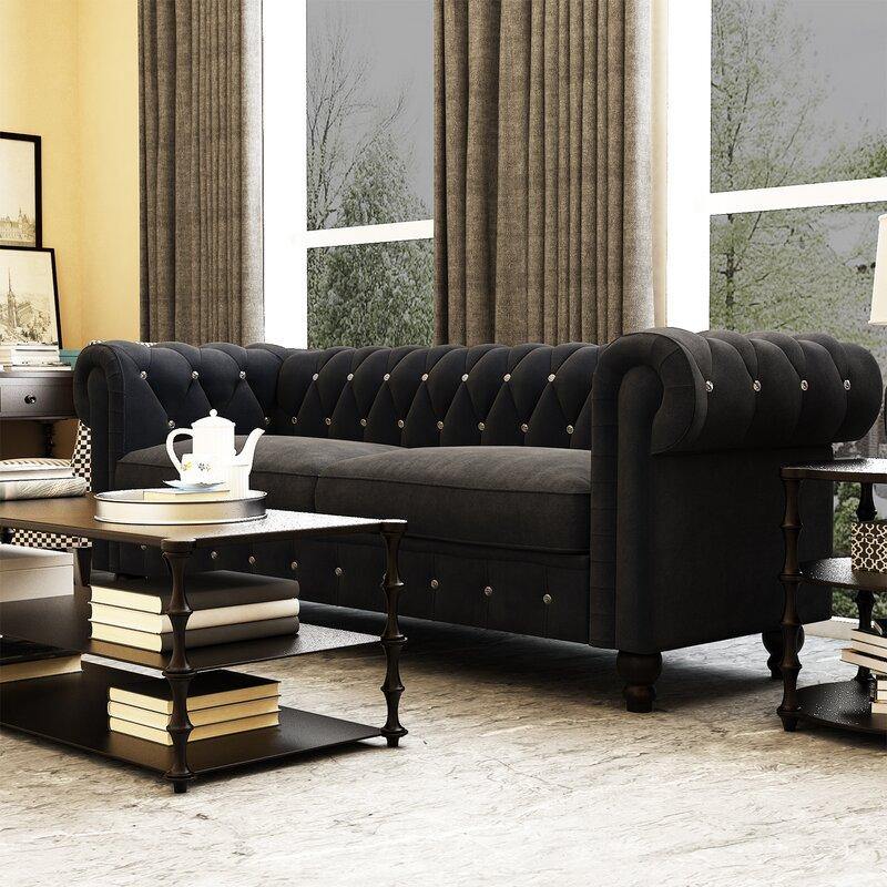 Graceful 3-Seater Velvet Fabric Button Tufted Rolled Arm Chesterfield Sofa ( Black ) - Image 2