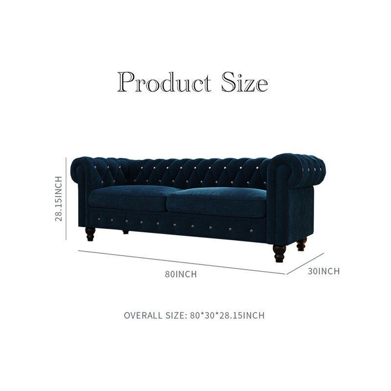 Graceful 3-Seater Velvet Fabric Button Tufted Rolled Arm Chesterfield Sofa ( Blue ) - Image 5