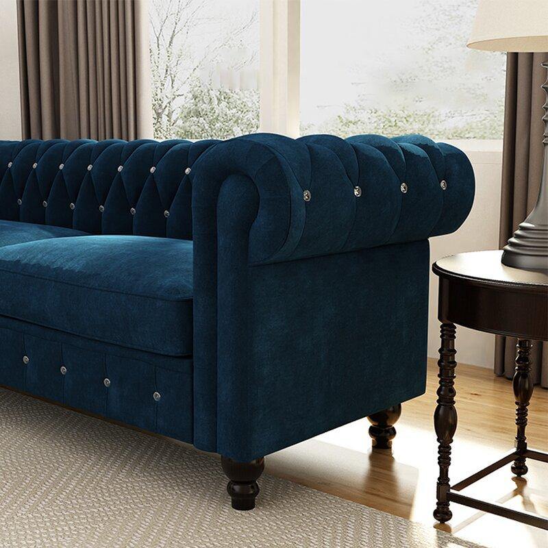 Graceful 3-Seater Velvet Fabric Button Tufted Rolled Arm Chesterfield Sofa ( Blue ) - Image 4