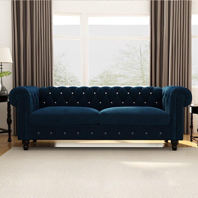Graceful 3-Seater Velvet Fabric Button Tufted Rolled Arm Chesterfield Sofa ( Blue ) - Image 2