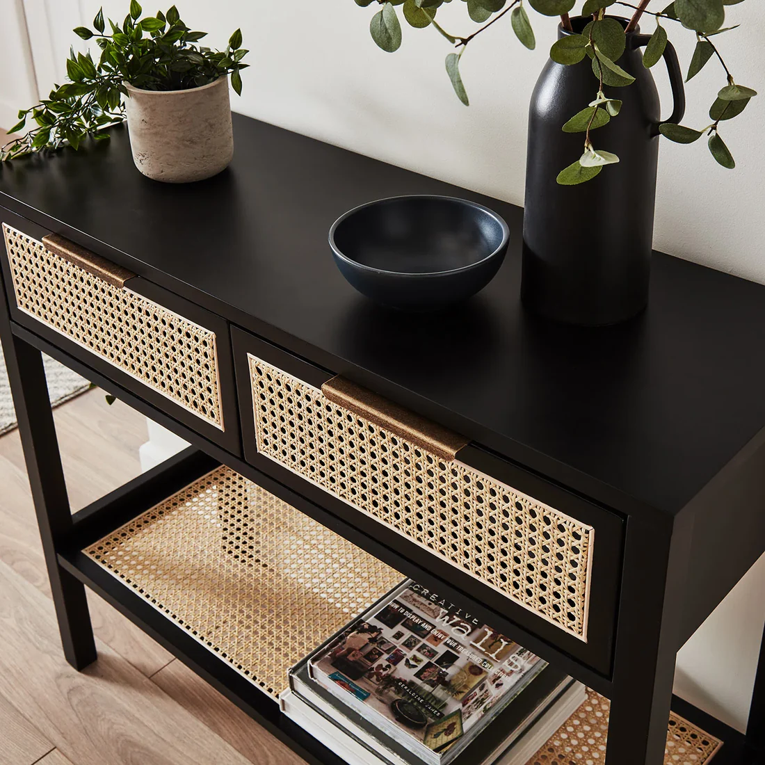 Meticulously Rattan Cane Teak Wood Console Table with 2 Drawers Storage Rack for Living Room (Black Finish) - Image 4