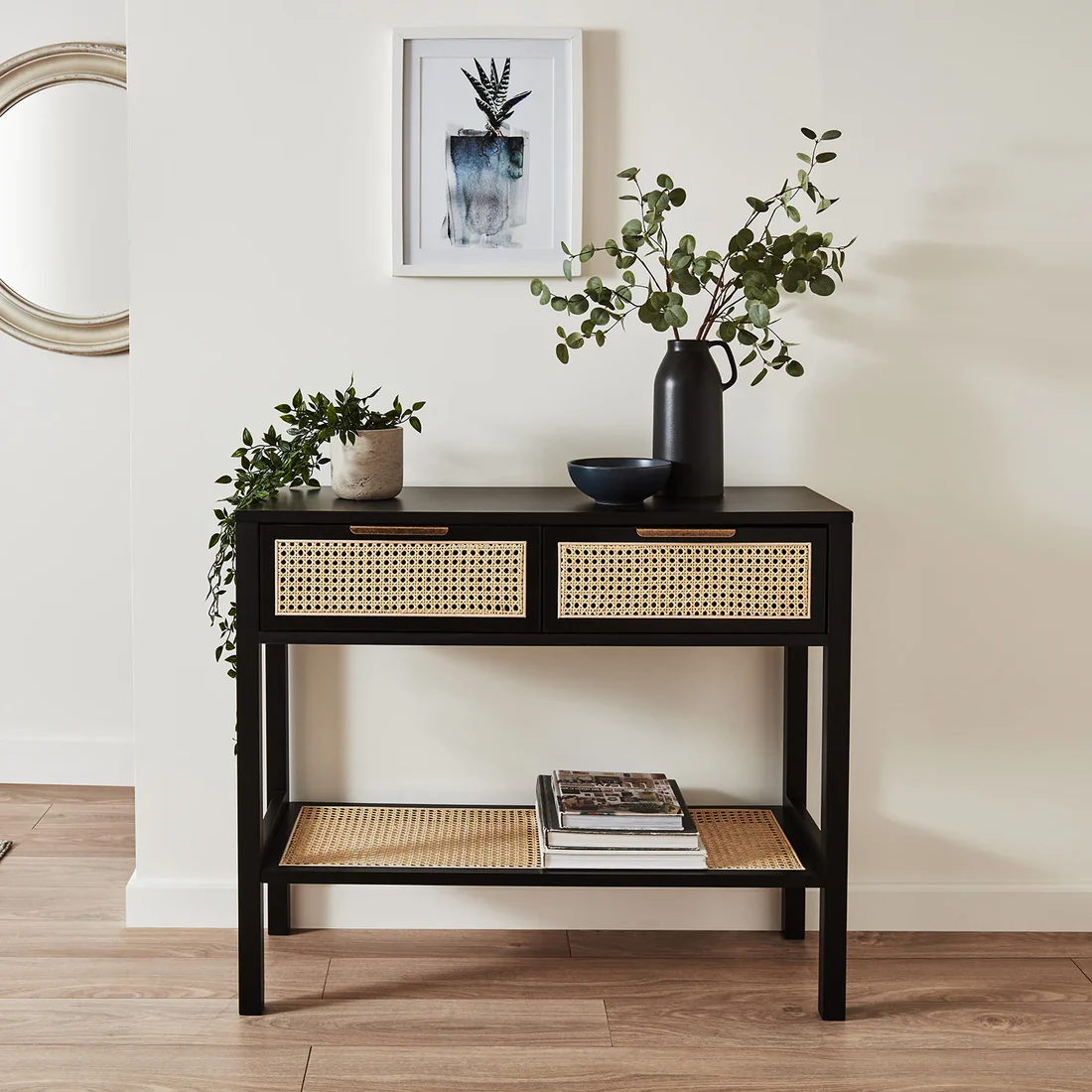 Meticulously Rattan Cane Teak Wood Console Table with 2 Drawers Storage Rack for Living Room (Black Finish) - Image 3