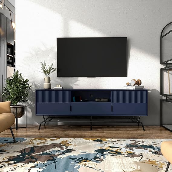 Modern TV Unit Storage Drawers with Indigo Blue Deco Finish