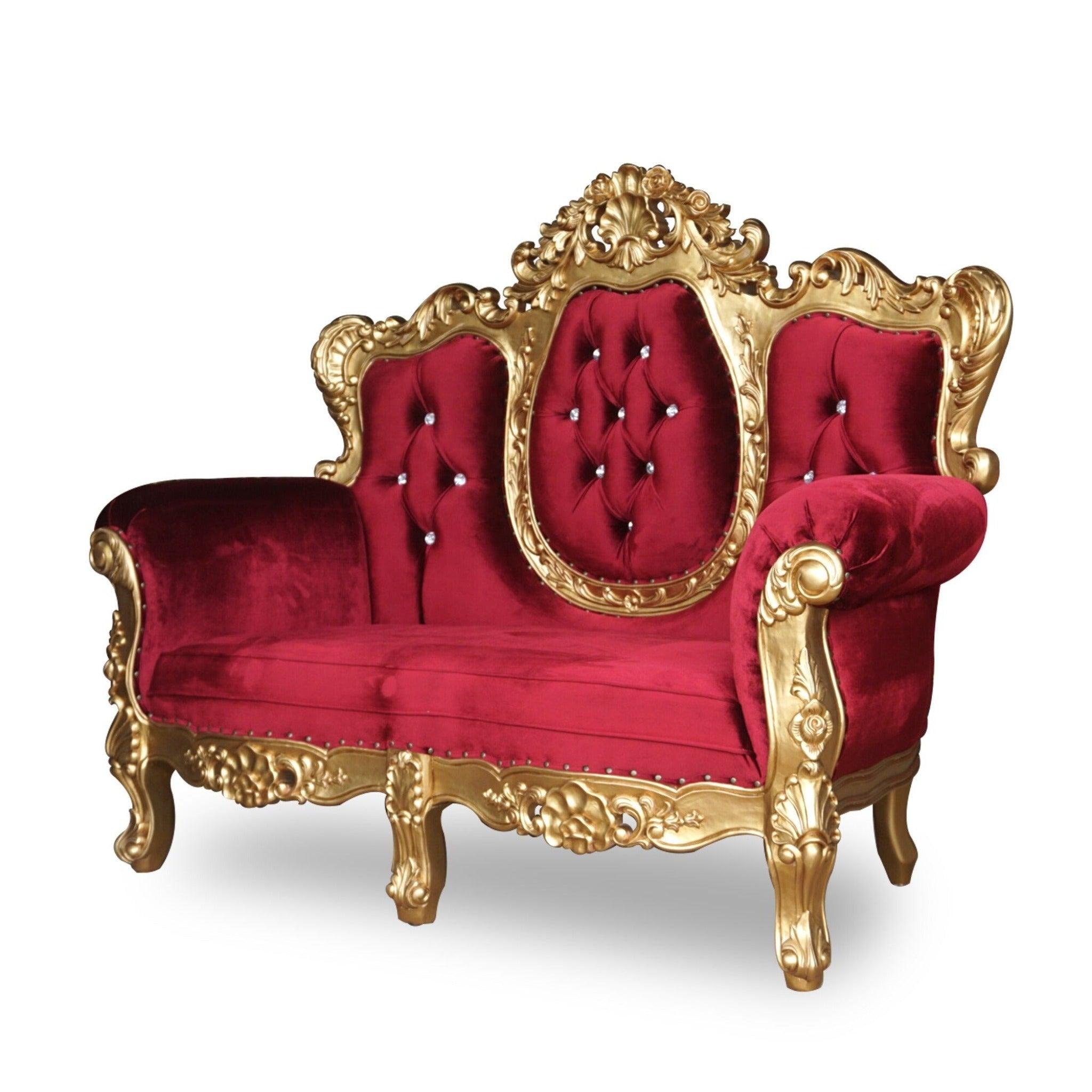 Hand-Carved Teak Wood 2-Seater Chaise Lounge Love Seat Luxurious Wedding with Golden Finish ( Red ) - Image 3