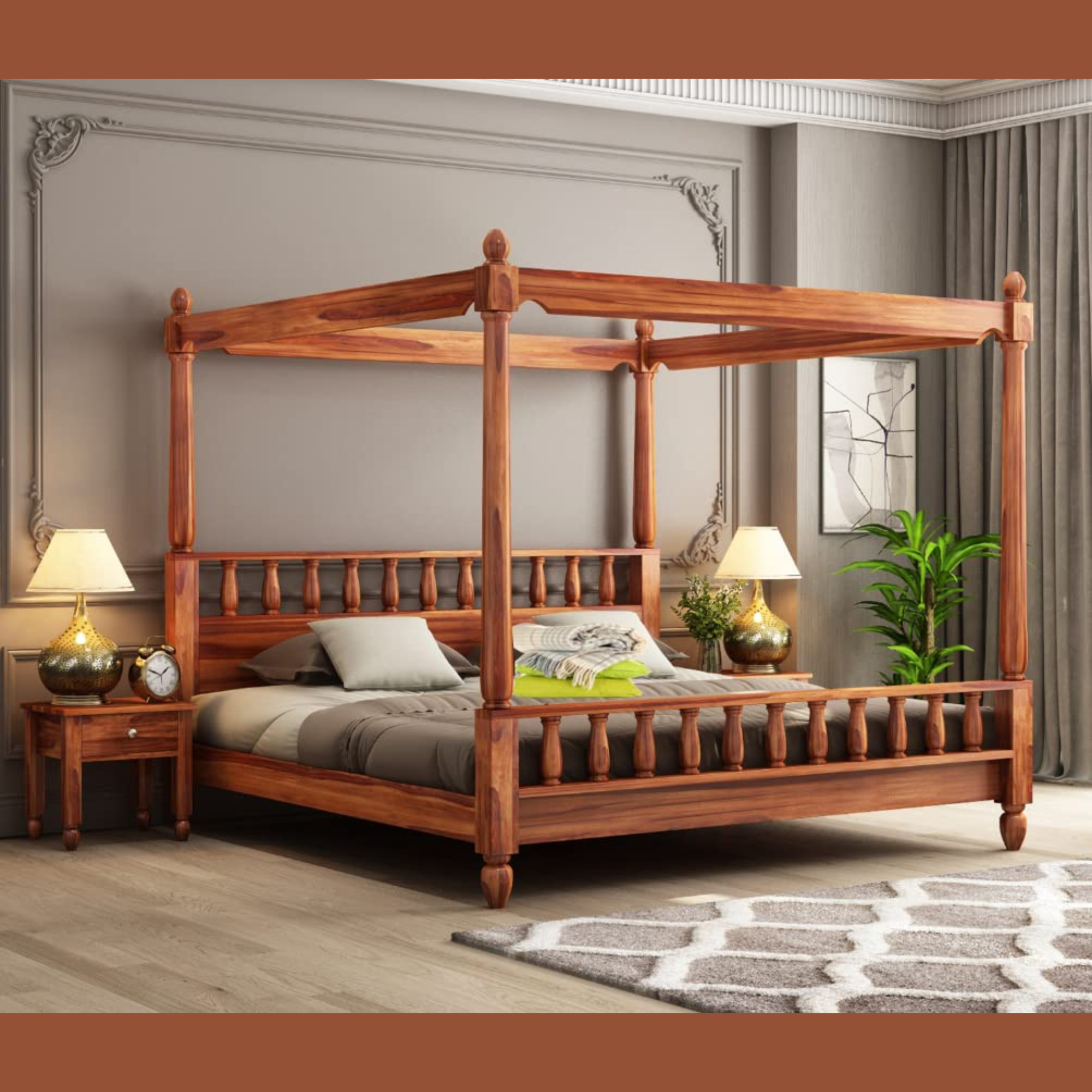 Bossy Royal Handmade Teak Wood Poster Bed with Matching 2 Bedside Table ( Honey Finish ) - Image 2