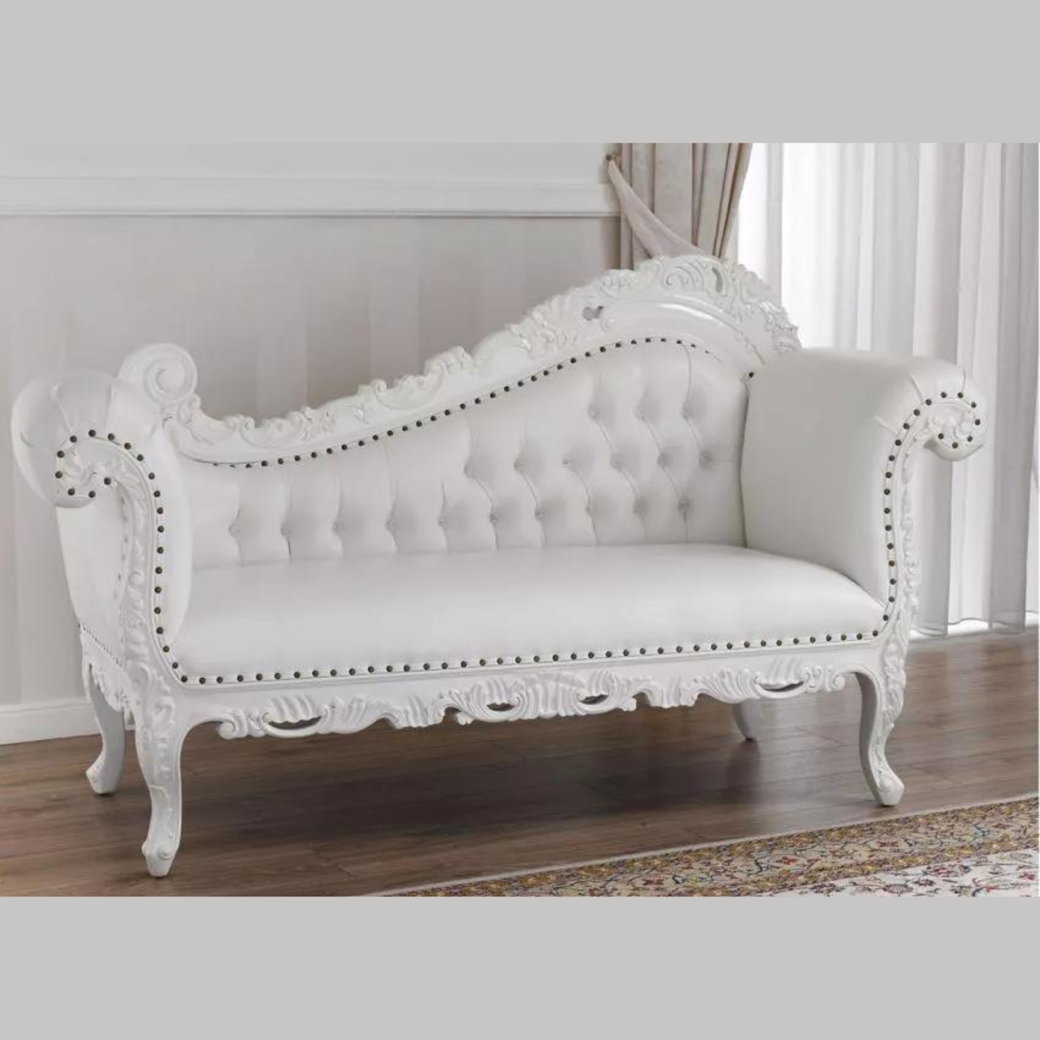 Natural Art & Craft Alejandra Hand Carved Teak Wood Leatherette 3-Seater Chaise Longue Sofa In White Finish ( White )