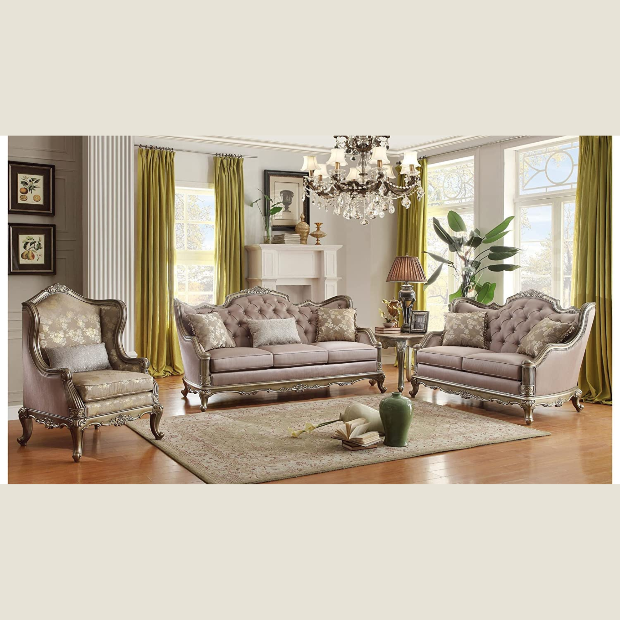 Baroque European Luxurious Style Hand Carved Teak Wood Sofa Set 3+2+1 with Coffee Table (Royal Italian)