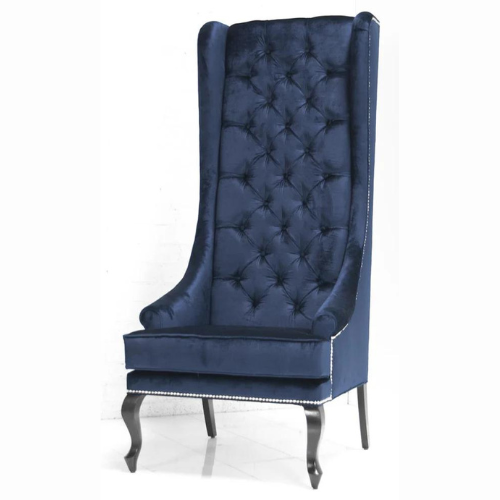 Royal Crystal Buttons Handmade Teak Wood Velvet Fabric High Back Throne (Blue)