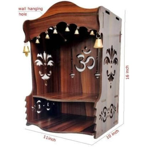 Decorative Designer Traditional Handmade Wooden Pooja Temple for Daily Prayers Hanging Bells (Brown) - Image 2