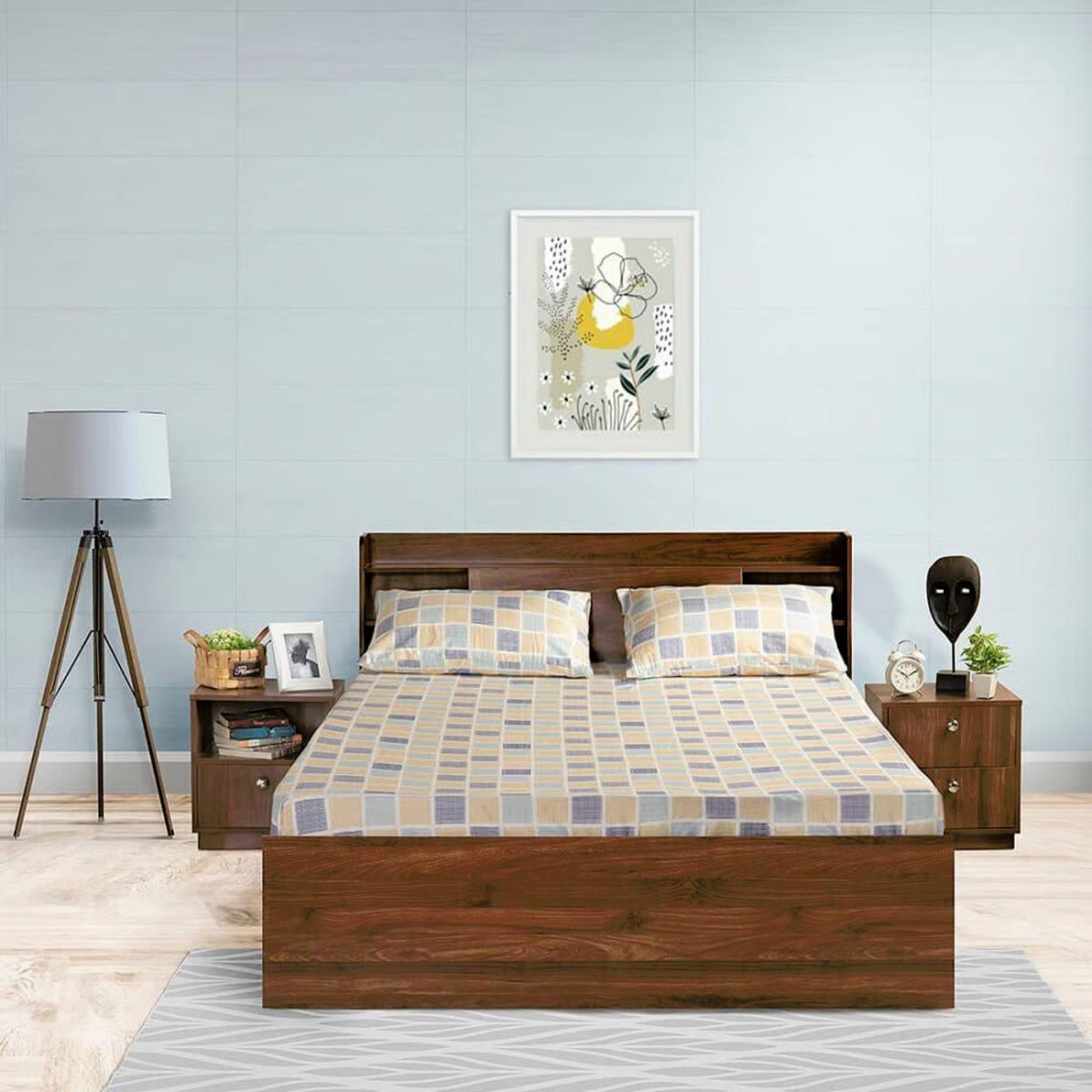 Cease Plain Design Handmade Teak Wood King Size Bed Luxurious Elegant Bedroom Decor with 2 Bedside Table