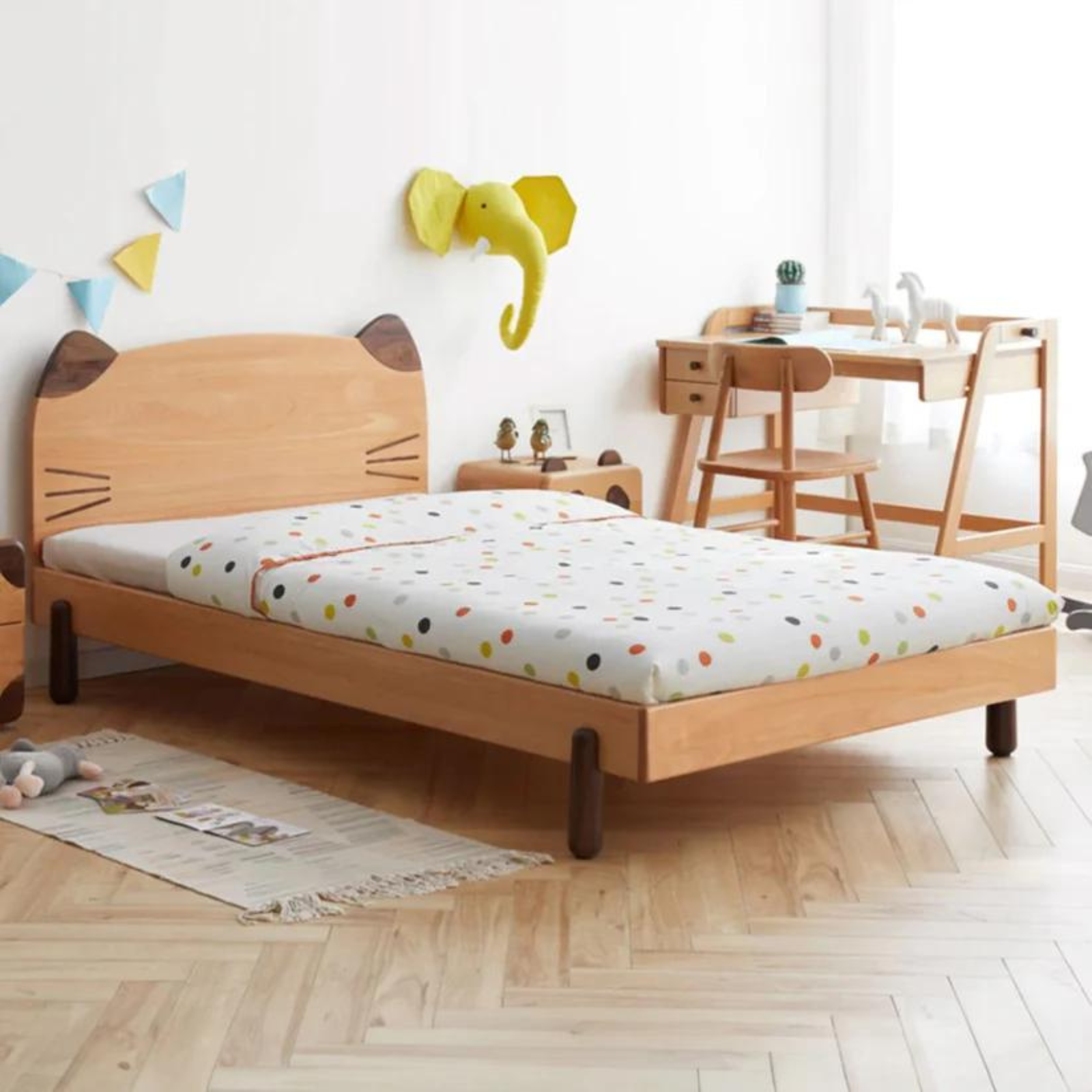 Meow Pand Plush Look Teak Wood Without Storage Kids Bed for Girls and Boys