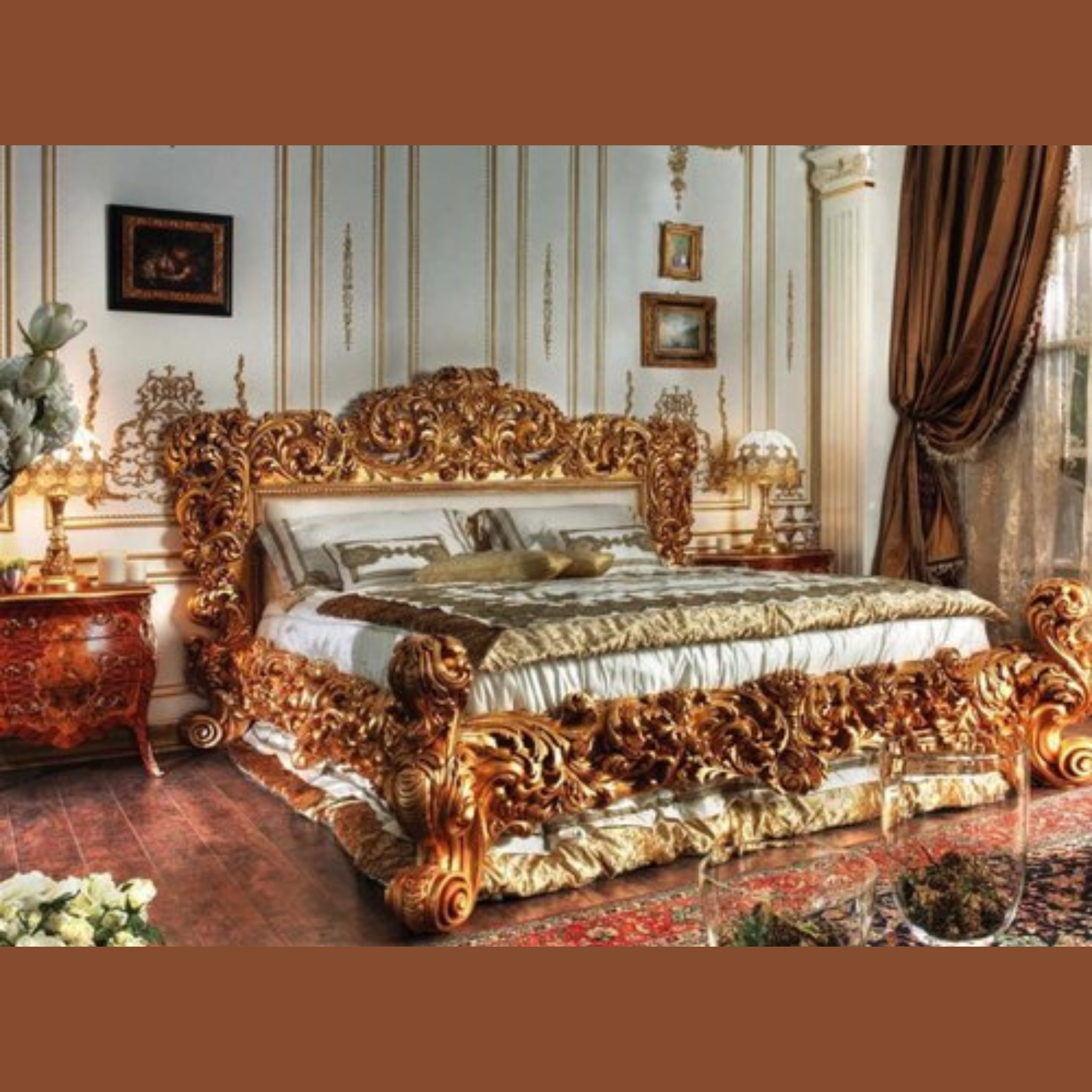 Royal Italian Baroque Hand-Carved Teak Wood King Size Bed with 2 Matching Bedside Tables Luxurious Golden Finish Bedroom Set