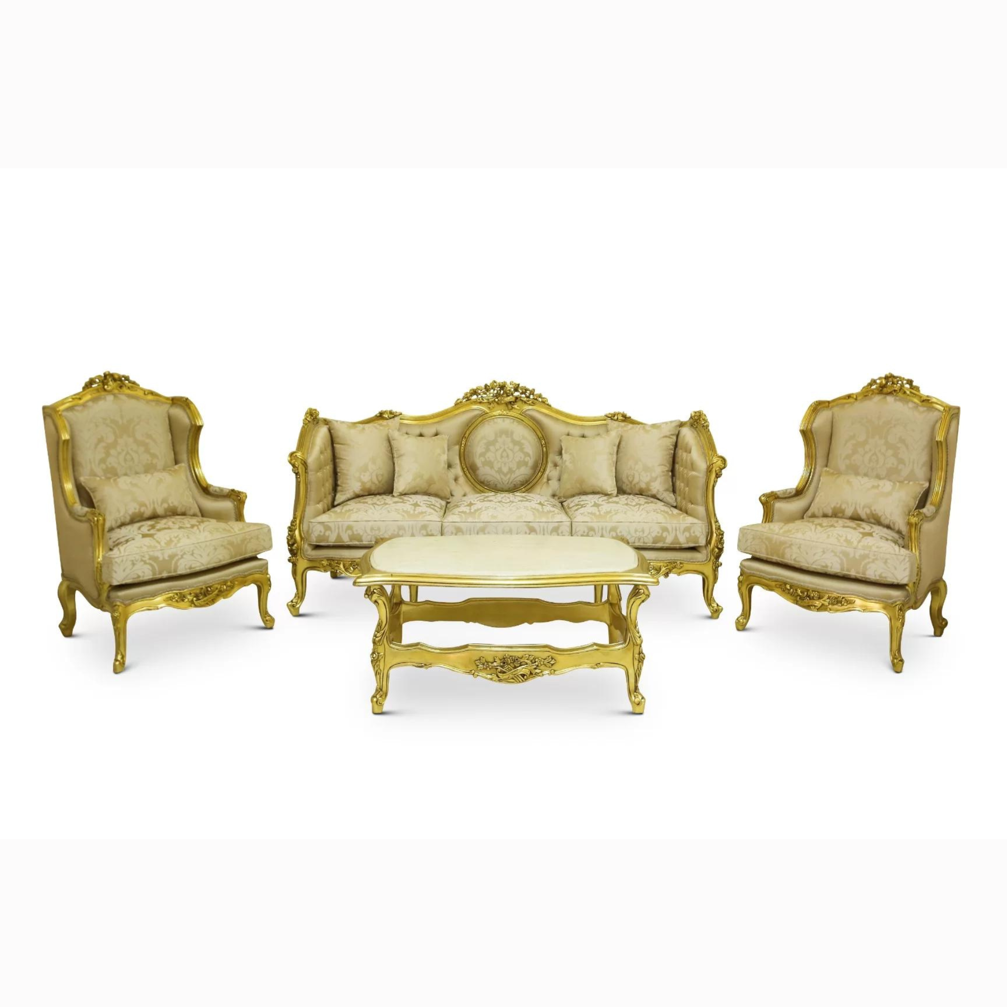 European Luxurious Hand-Carved Teak Wood Sofa Set 3+1+1 with Coffee Table Traditional for Living Room