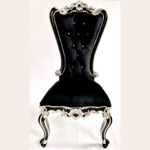Mayfair Crystal Buttons Hand Carved Teak Wood High Back Throne Dining Chair ( Black & Silver )