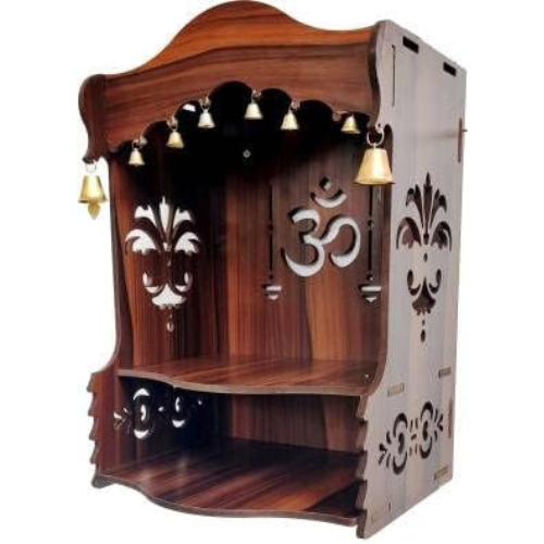 Decorative Designer Traditional Handmade Wooden Pooja Temple for Daily Prayers Hanging Bells (Brown)
