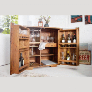 Curved Handmade Teak Wood Bar Cabinet with Stylish Doors for Wine, Liquor, Glasses ( Brown )